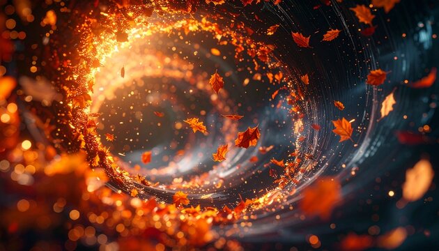 Autumnal Vortex: A swirling vortex of fiery leaves dances against a deep, dark backdrop, capturing the essence of autumn's fiery energy and the cyclical dance of nature. 