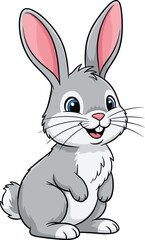 Cute cartoon rabbit, gray bunny character, cheerful expression, standing pose, kids illustration, friendly animal, vector art, white background