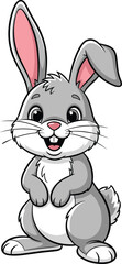 Cute cartoon rabbit, gray bunny character, happy animal illustration, children’s book mascot, standing pose, cheerful expression, pink ears, white fur