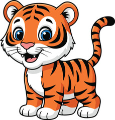 Playful baby tiger cartoon, orange fur, black stripes, blue eyes, smiling animal, cute character, children illustration, jungle wildlife, friendly pose