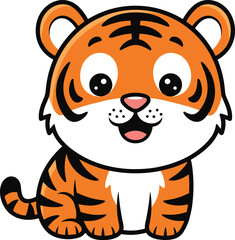 Sitting cartoon tiger, orange fur, black stripes, white face, smiling animal, cute character, children illustration, jungle wildlife, friendly pose