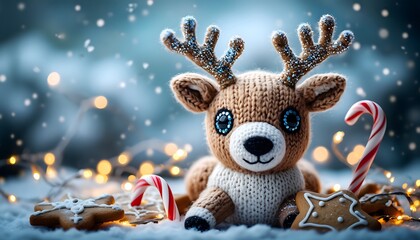 Cute knitted reindeer lying in snow with candy canes and gingerbread cookies, festive Christmas holiday background with bokeh lights