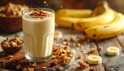 Smoothie's wholesome Charm: A delightful image of a creamy smoothie with granola topping alongside fresh bananas and crunchy granola creating a sense of natural and tasty healthiness.