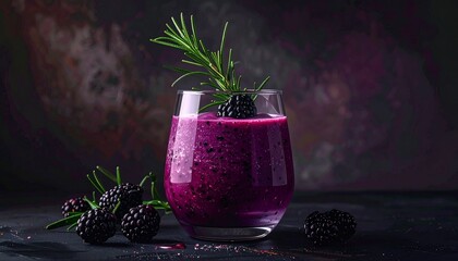 Blackberry Smoothie: A refreshing, vibrantly hued blackberry smoothie, garnished with fresh rosemary, sits ready to invigorate the senses. A culinary delight.
