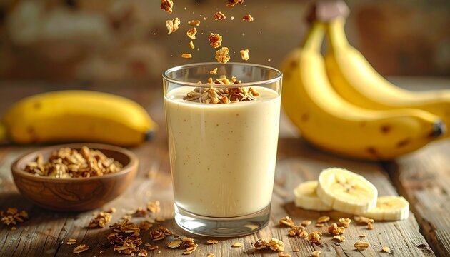 Banana Smoothie Delight: A nutritious and delicious banana smoothie is presented in a tall glass, garnished with granola, alongside ripe bananas, creating a tempting and healthy food composition. - Powered by Adobe