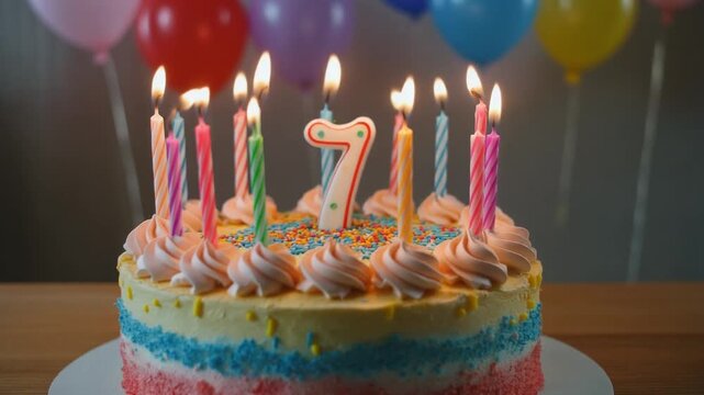 Celebrate a seventh 7th birthday with a colorful cake and joyful moments captured in this fun party