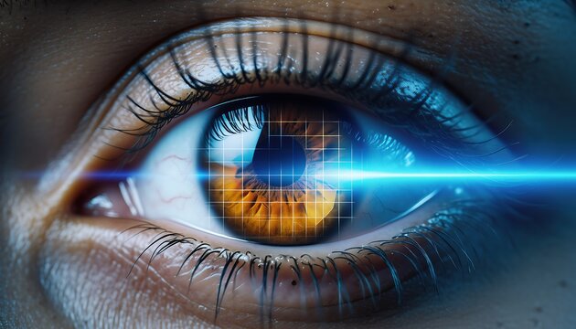 Extreme close-up of human eye with diverse iris pattern being scanned by blue laser light for biometric identification, futuristic security technology