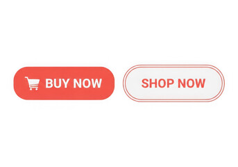 Two rounded buttons, one red a shopping cart icon the text buy now, the other white text shop now, isolated on transparent background
