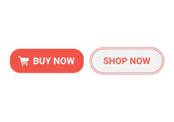 Two rounded buttons, one red a shopping cart icon the text buy now, the other white text shop now, isolated on transparent background