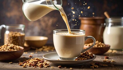Warm Milk Poured Into Cup: A close-up shot of warm, creamy liquid pouring into a cup. Evoking a sense of comfort and home, perfect for culinary and wellness imagery.