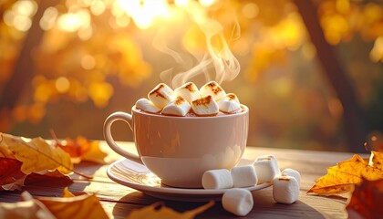 Cozy Moments: Steaming mug of hot chocolate with fluffy marshmallows in focus, complemented by warm autumn setting. 