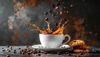 Coffee Splash and Delight: A dramatic moment of coffee, in a white cup, surrounded by scattered roasted coffee beans and delicious cookies, creating a feast for the senses.