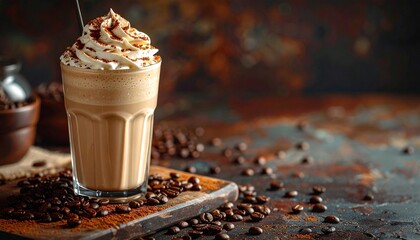 Iced Coffee Temptation: A close-up shot of a refreshing iced coffee, crowned with a swirl of whipped cream and a sprinkle of chocolate.