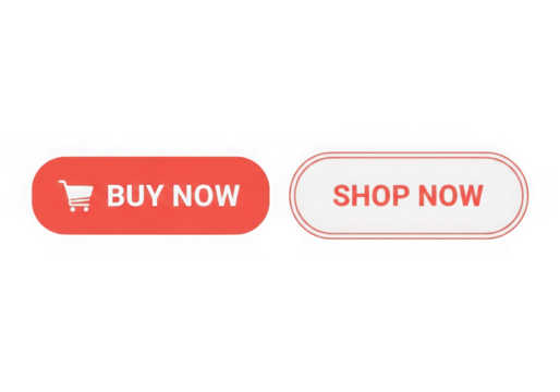 Two rounded buttons, one red a shopping cart icon the text buy now, the other white text shop now, isolated on transparent background