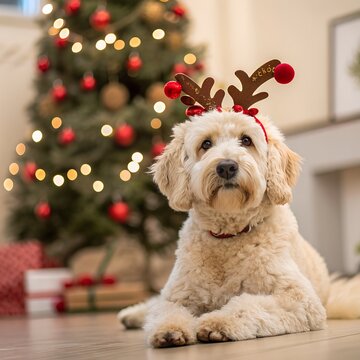 Cute Goldendoodle Dog in Reindeer Antlers by Christmas Tree