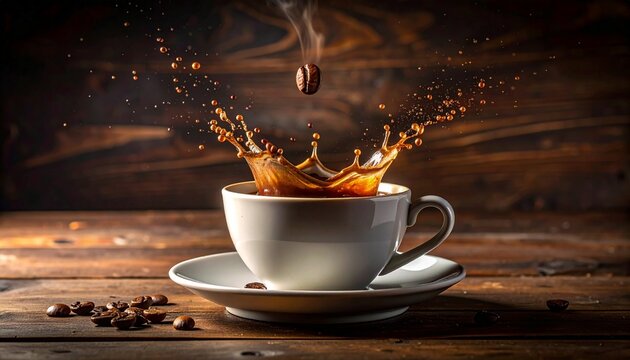 Coffee Moment: Capturing the essence of a rich brew with a coffee bean plunging into a cup of hot coffee creating a captivating splash, a perfect moment.