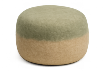 Round felt pouf with two-tone beige and sage green design on transparent background, reflecting modern interior decor