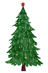 Classic watercolor Christmas tree decorated with golden balls and pine branches, topped with a red star. Ideal for festive cards, seasonal illustrations, winter decor, and holiday projects