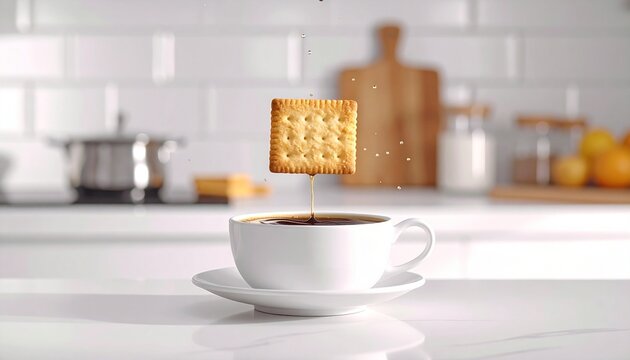 Biscuit and Brew: A single biscuit gracefully descends into a cup of freshly brewed beverage, signifying a moment of pure culinary delight and the perfect pairing.