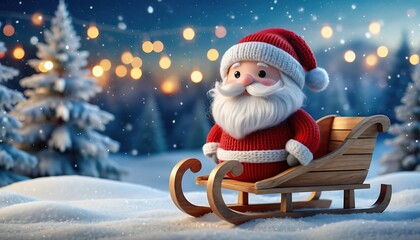 Cute knitted Santa Claus in wooden sleigh on snowy landscape with Christmas trees and warm lights in background, festive holiday scene