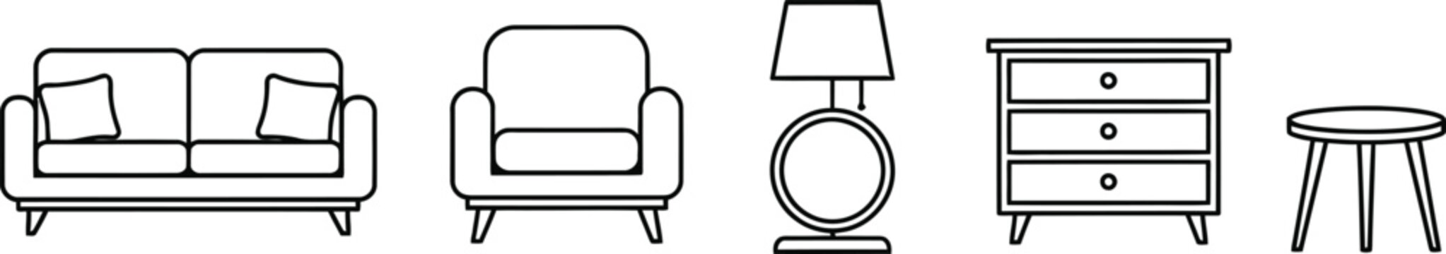 Basic furniture simple line icon set. Vector pictograms of sofa, chair, dresser, floor lamp, small table, simple line art illustration.