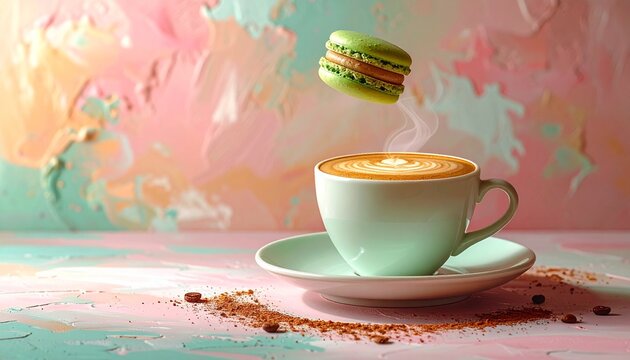 Latte and Macaron Moment: A captivating scene featuring a warm cup of latte with a floating macaron against a backdrop of pastel colors, inviting the viewer to indulge in a moment of pure bliss.
