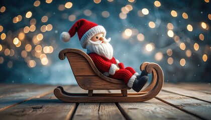 Charming knitted Santa Claus figure riding wooden sleigh on rustic wooden surface against warm bokeh light background, Christmas decoration