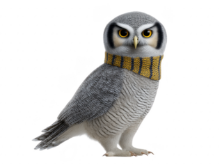Owl with striking yellow eyes and detailed gray feathers wears cozy yellow and black striped scarf, standing upright on transparency background, exuding whimsical and intelligent vibe