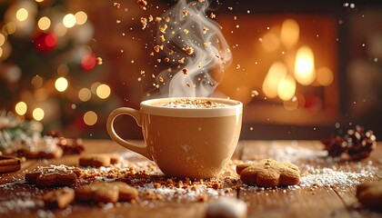 Cozy Holiday Moment: A warm, steaming cup of coffee rests invitingly on a wooden table, surrounded by freshly baked gingerbread cookies and the soft glow of a Christmas tree in the background.
