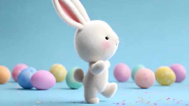 Cute Easter Bunny moonwalking across the scene with confetti sparkles and rainbow-colored Easter eggs placed neatly behind