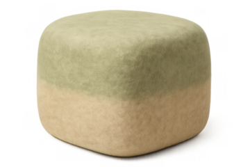 Two tone fabric pouf, green beige soft contemporary modern furniture, upholstered footstool on transparent background