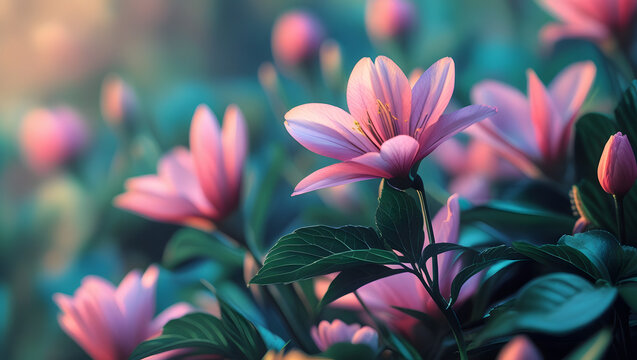 zCinematic 3D Flower Wallpaper with Vibrant Blooms, Delicate Petals, Lush Green Leaves, Soft Focus, Warm Lighting, High-Contrast Photography, Detailed Textures, Shallow Depth of Field, Blurred Backgro