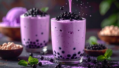 Tempting Taro Delight: a duo of delectable taro-flavored drinks topped with luscious black tapioca pearls, embodying the essence of refreshment and gastronomic creativity.