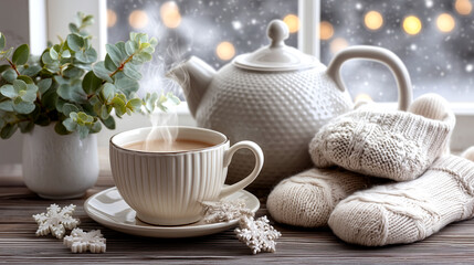 Cozy winter scene with steaming cup of tea, warm knitted socks, and gentle snowfall outside a window creating a peaceful, hygge atmosphere.