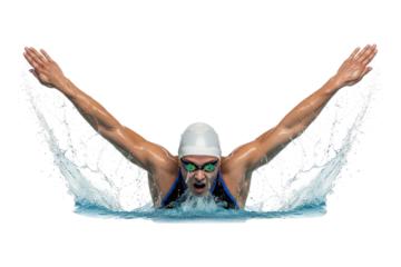 Professional female swimmer performing the butterfly stroke with a dynamic water splash