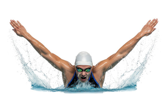 Professional female swimmer performing the butterfly stroke with a dynamic water splash