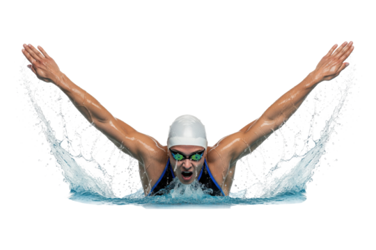 Professional female swimmer performing the butterfly stroke with a dynamic water splash