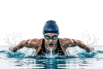 Front view of a determined female swimmer performing the breaststroke with water splashing forward.