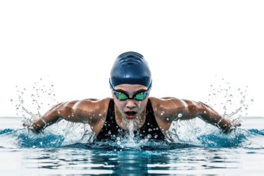 Front view of a determined female swimmer performing the breaststroke with water splashing forward.