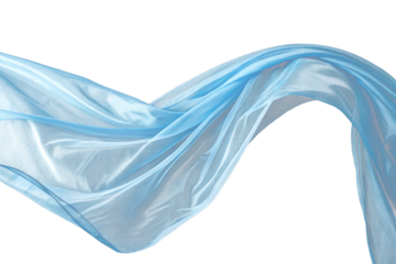 Silk's lustrous light blue fabric flutters in the breeze against a transparent background. Composition material. Already cut out.