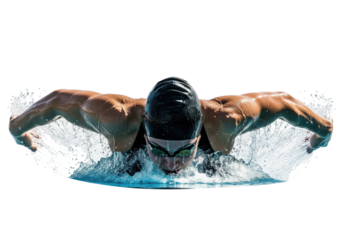 Muscular male swimmer in mid-stroke performing the butterfly