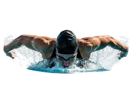 Muscular male swimmer in mid-stroke performing the butterfly