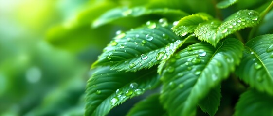 Fresh Green Leaves with Dew Drops – Lush Nature Background, Gardening & Eco Wellness