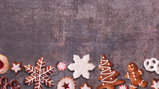 Christmas sweets bottom border. Top view, stop motion loop video on a dark stone background with copy space. Gingerbread and a selection of cookies.
