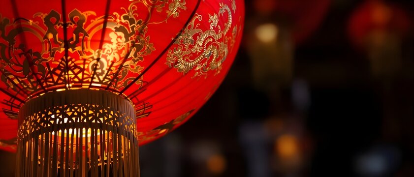 Traditional Chinese red lanterns glowing at night with empty copy space for text or design. Perfect for Lunar New Year greetings, festive advertising, and cultural celebration themes