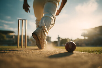 Cricket player runs towards the pitch under a bright sky during a match in the evening light