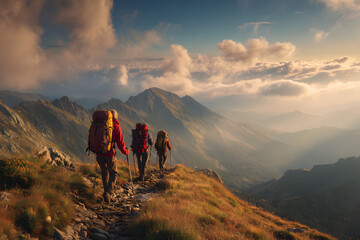 Fototapeta premium Hikers trek along a mountainous trail at sunset with backpacks and canes in a stunning landscape
