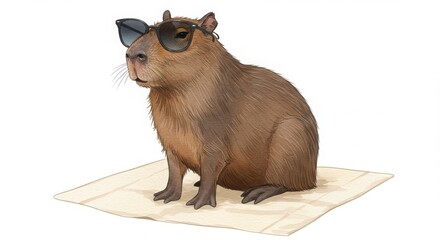 a cute adorable cartoon capybara wearing sunglasses sitting on towel, soft watercolor summer vibe style llustration