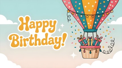 Colorful vector illustration featuring a hot air balloon carrying gift boxes with the “Happy Birthday” message.