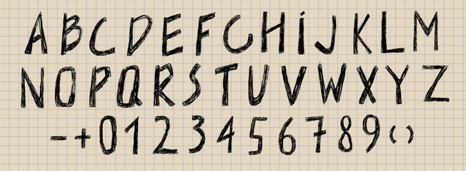 English alphabet and font template in childish style with crayon texture © Yulia Zelinskaya